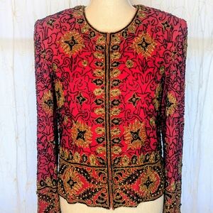 Adrianna Papell Vintage Holiday Red and Gold Embellished Blazer